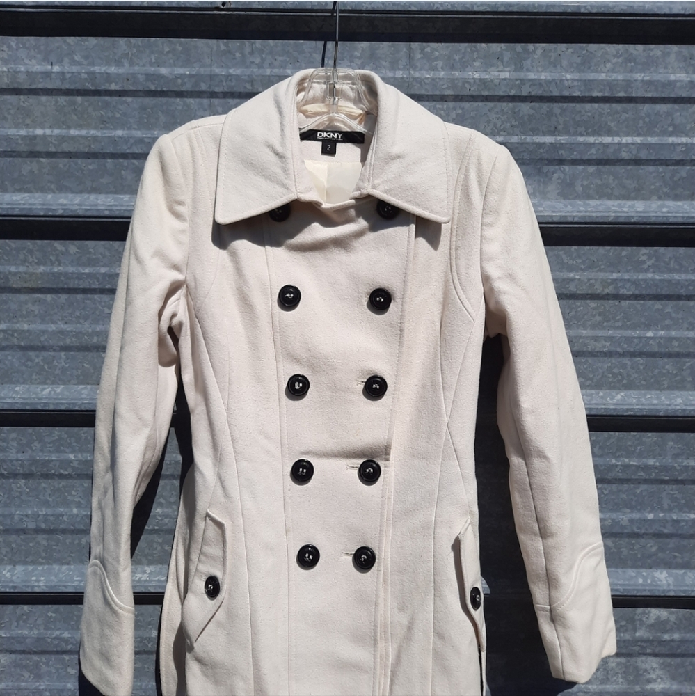 DKNY Double Breasted Pea Coat With Belt - Picture 16 of 17